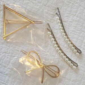 Hair Accessory Set -Gold Bow Clip, Triangle Clip, 2 Pearl-Embellished Bobby Pins